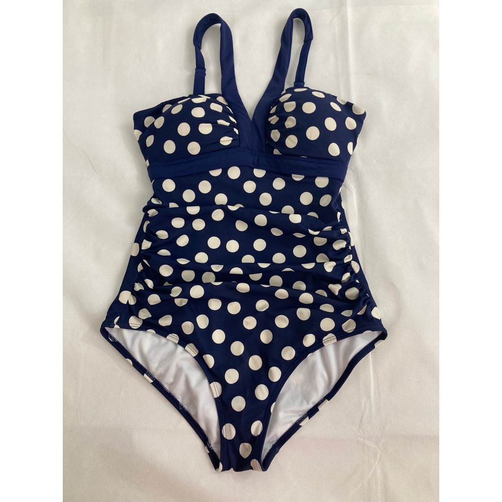 Boden Womens Navy Blue White Polka Dot Ruched One Piece Swimsuit 8R
